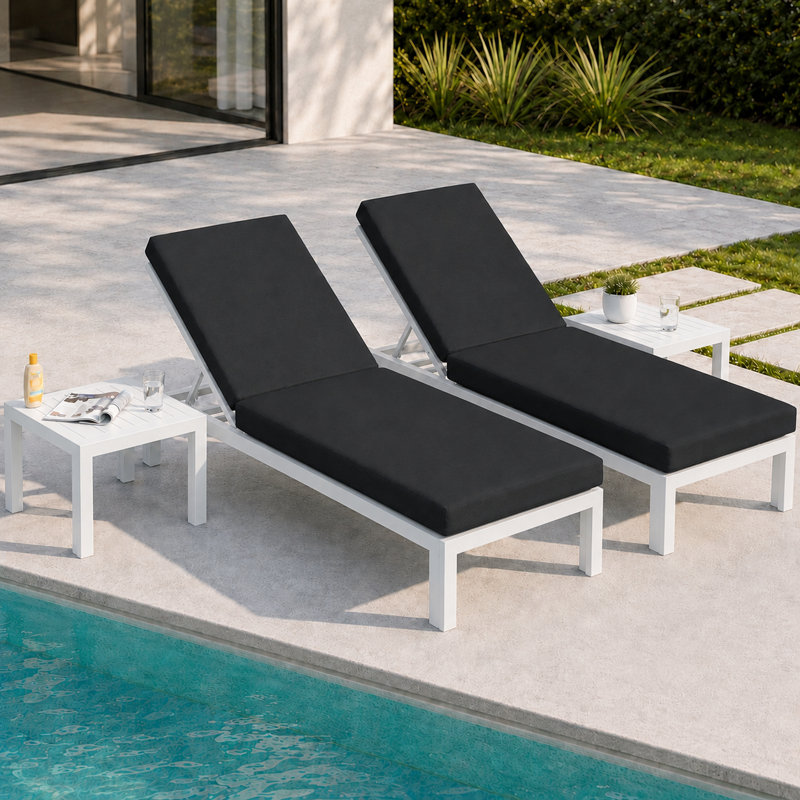 Ensemble de chaises longues d'extérieur en aluminium 4 pièces avec dossiers réglables, tables d'appoint et coussins, Black