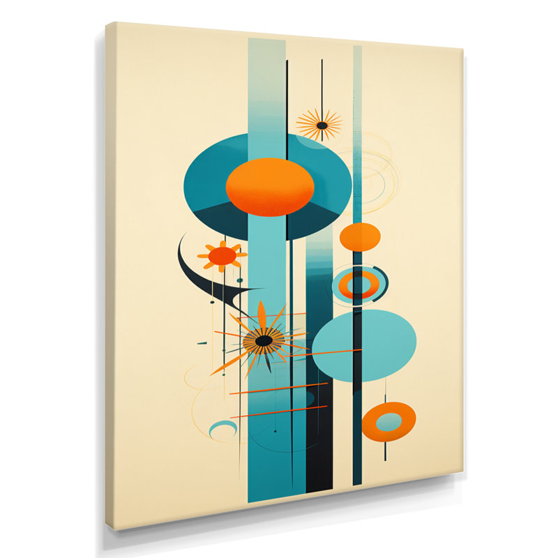 «Geometric Balance Blue Circular - Midcentury», art mural, Toile tendue, H 32 po x l 16 po x P 1 po