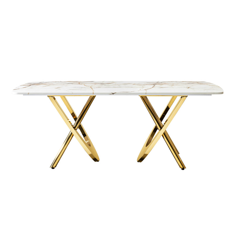 Table de salle à manger rectangulaire avec motif marbré et support en acier inoxydable doré, pouvant accueillir de 6 à 8 personnes