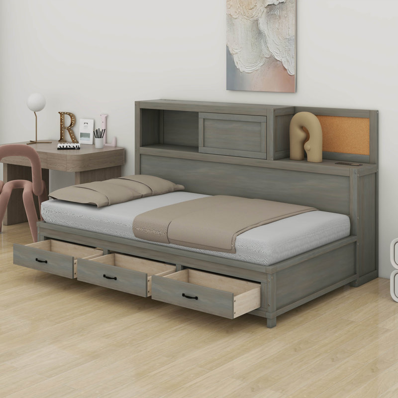 Lit de jour en bois avec 3 tiroirs de rangement, tableau souple supérieur, tablette et ensemble de prises et ports USB, cadre de lit multifonctionnel pour la chambre à coucher