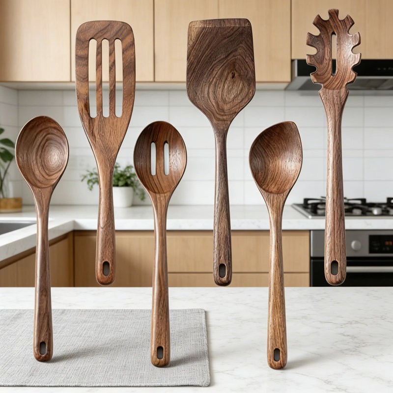 Ensemble d'ustensiles de cuisine en bois de noyer noir fait à la main, 6 cuillères et spatules de cuisson avec poignée longue pour batterie de cuisine antiadhésive, naturelle et non toxique