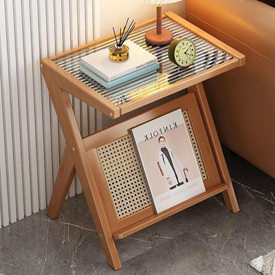 Solid Wood Side Table with Glass Top and Rattan Magazine Rack – End Table for Living Room & Bedroom