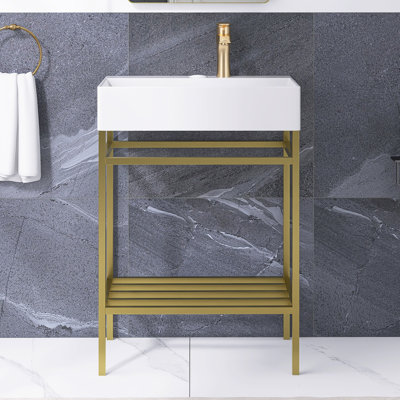 24'' Single Sink Freestanding Bath Vanity In Gold With Purple Ceramic Integrated Basin