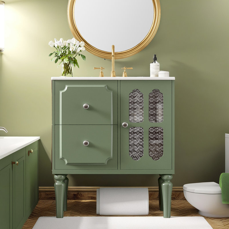 Meuble-lavabo de 30 po avec lavabo en céramique - Porte en verre - Structure en pin massif - Lavabo en céramique brillante - Compatible avec un robinet de 8 po?