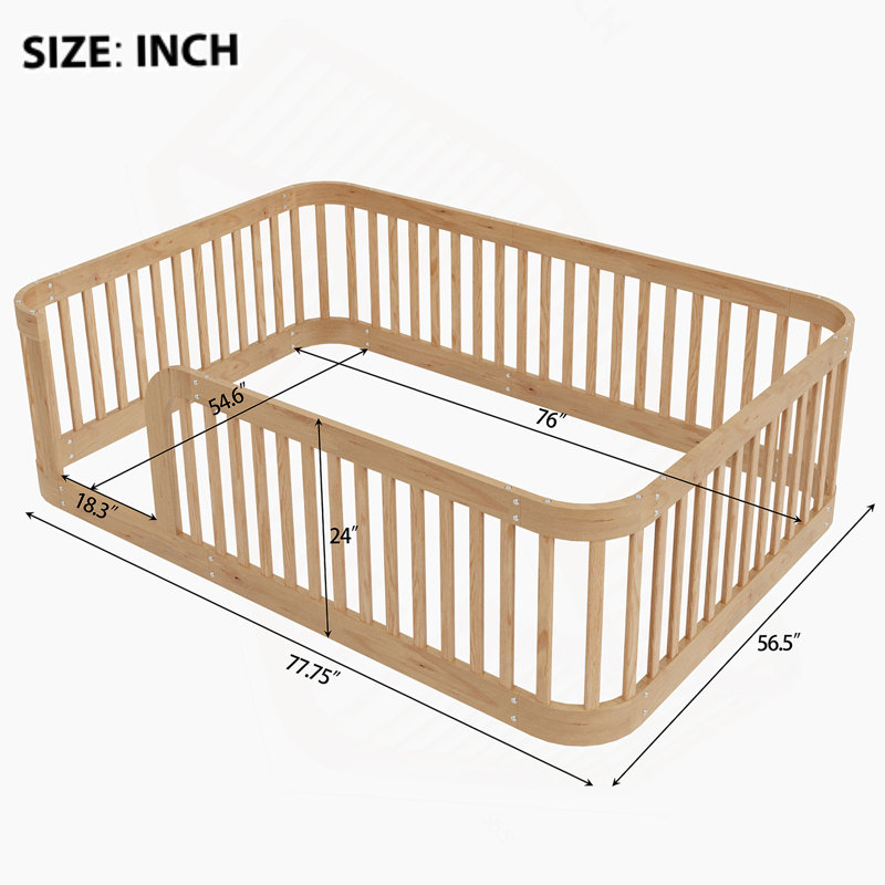 Wooden Full Size Floor Bed Frame With Fence For Kids, Ideal For Stimulating Creativity And Ensuring Safety, Natural