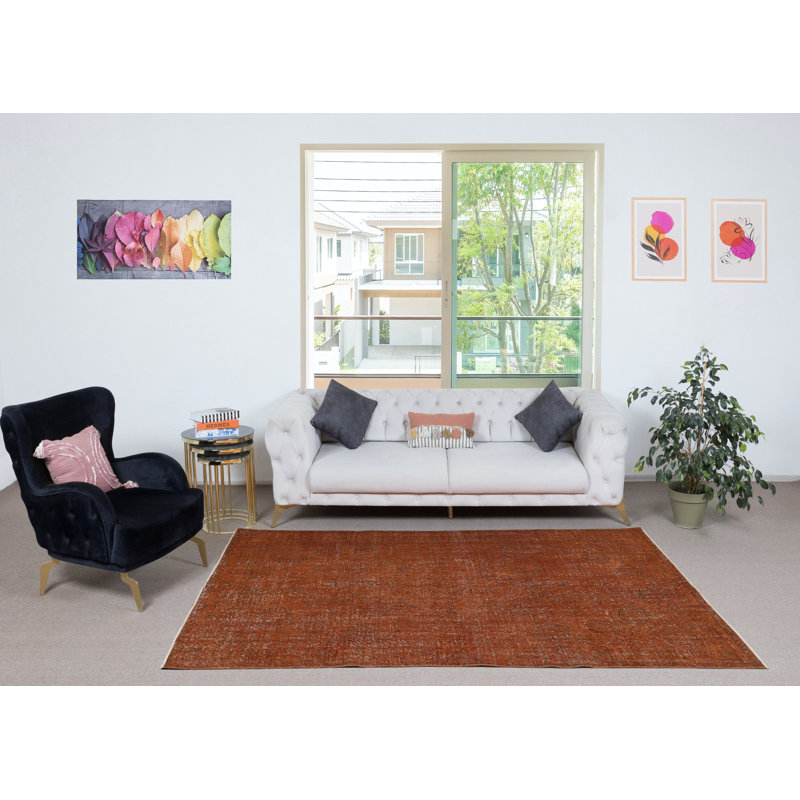 Tapis turc en laine fabriqué à la main 5,5 x 8,7 pi teint en orange pour des intérieurs modernes