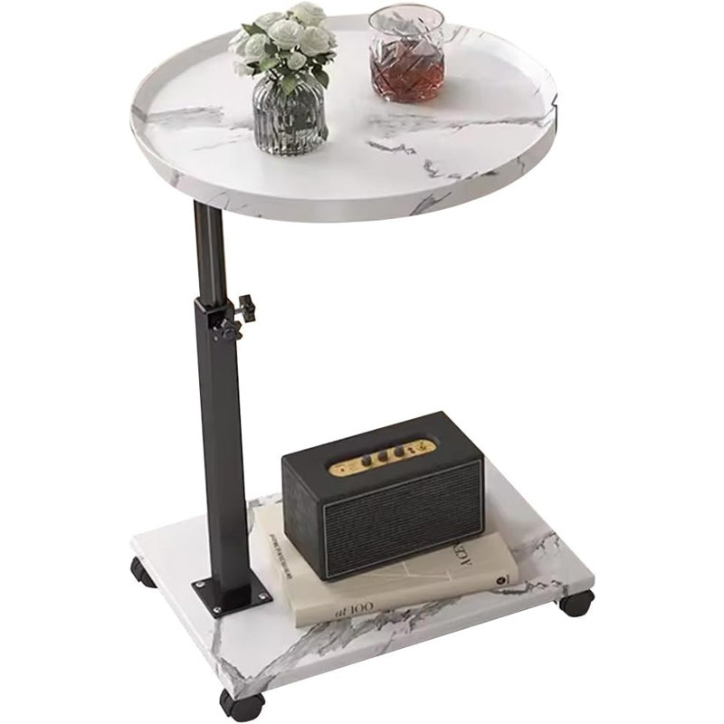 Adjustable Height Rolling C-Shape Side Table, Small Wooden Sofa Coffee Table with 360° Swivel for Living Room