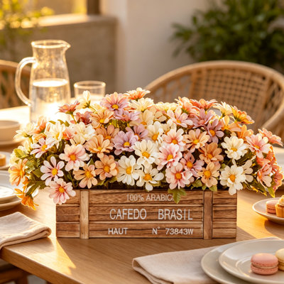 Artificial Flower Arrangement in Vintage Wood Box – 13" Farmhouse Faux Floral Centerpiece for Home & Wedding Decor
