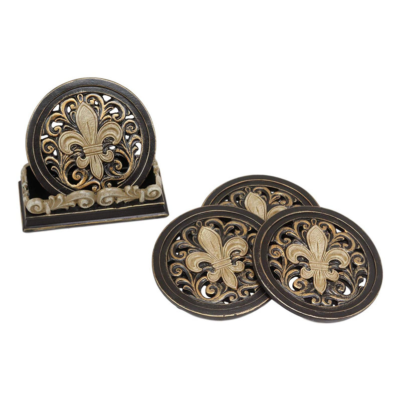 Cork Agate Ceramic Jute Leather Crystal Circle Round 4 Piece Coaster Set with Holder Set