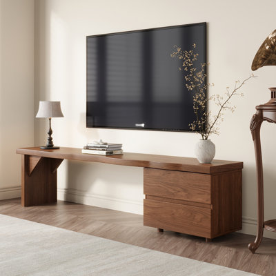 Meuble télé de style Mid-Century moderne avec plateau en forme de vague, 2 tiroirs extensibles, console multimédia à finition noyer pour téléviseur de 75 po ou moins