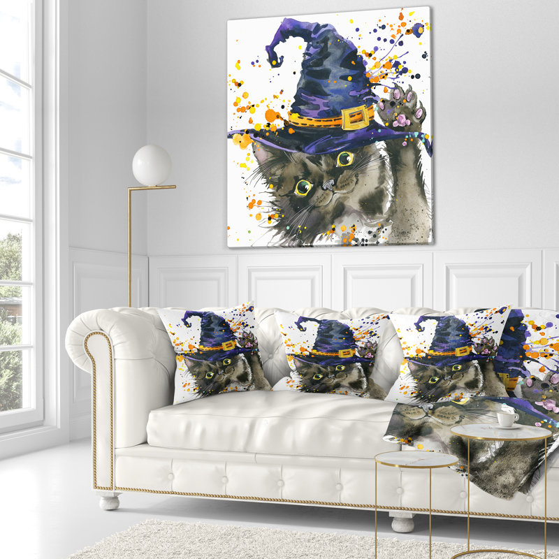 Chat d'Halloween et chapeau de sorcière - coussin imprimé animal, 16 po x 1 po, Coussin décoratif