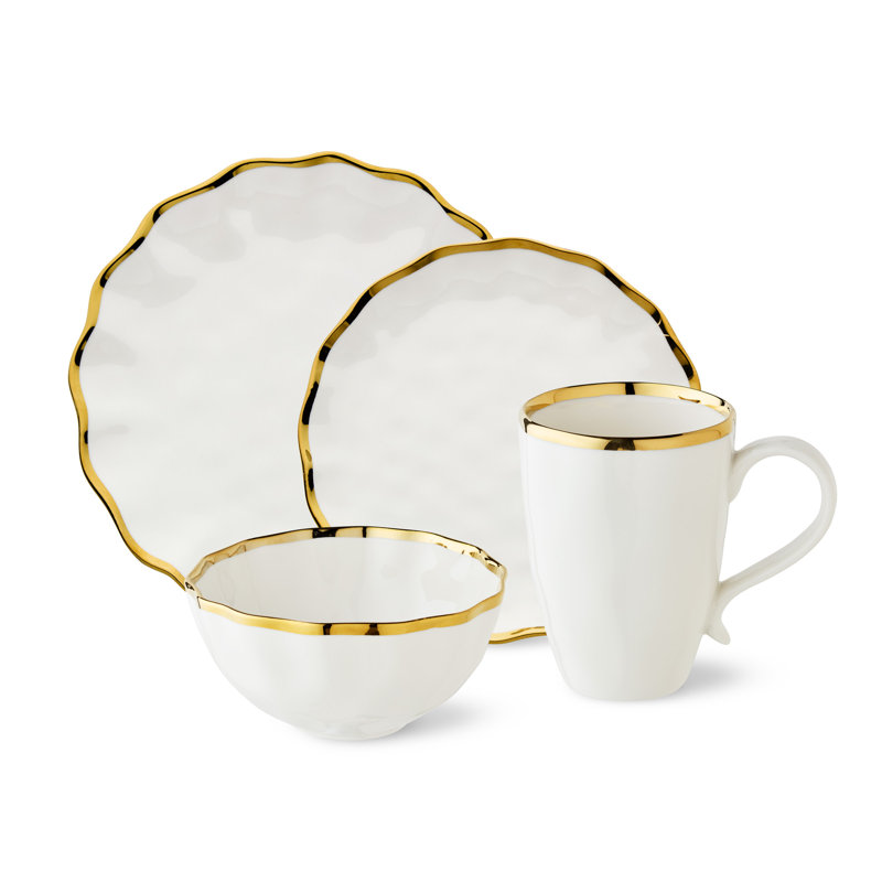 Regency Gold 16-Piece Porcelain Dinnerware Set for 4 – Luxury Gold-Rimmed Plates, Bowls & Mugs – Elegant, Dishwasher-Safe Tableware for Formal Dining, Entertaining & Special Occasions