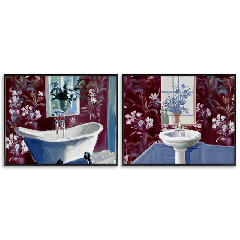 Bathroom Salon Interiors 2pc Framed Giclee Set, design by Annabelle Hall, 11" H x 28" W, Midnight Black Framed Giclee