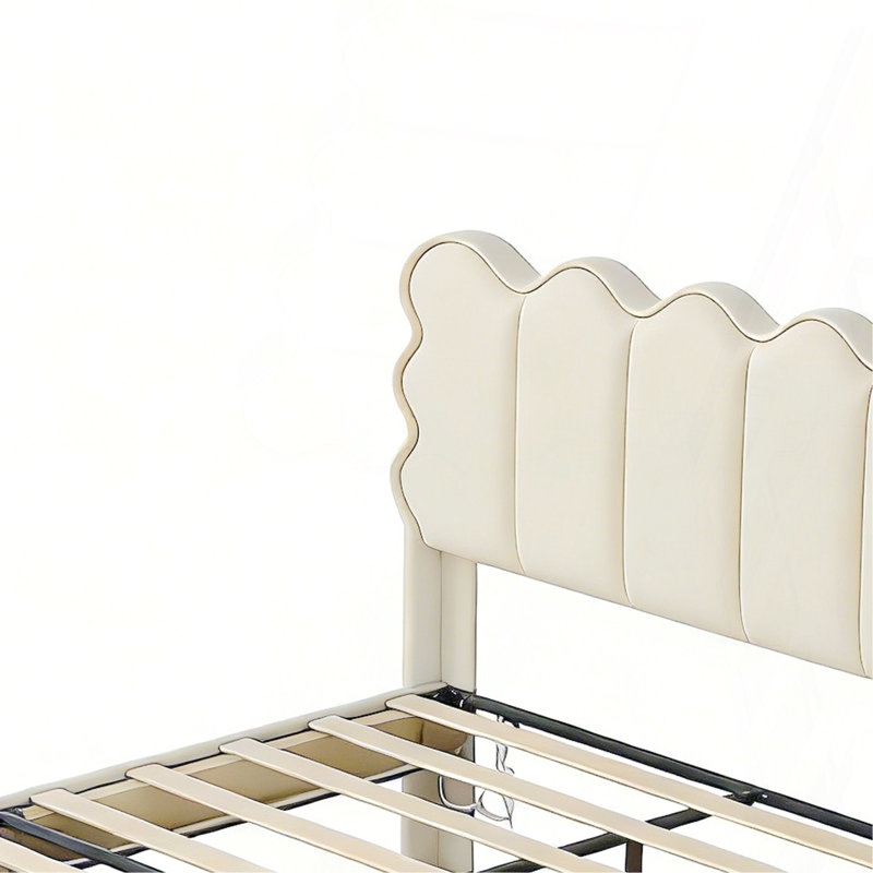 Lit plateforme tapissier avec tête de lit haute, aucun sommier nécessaire, assemblage facile, ivoire