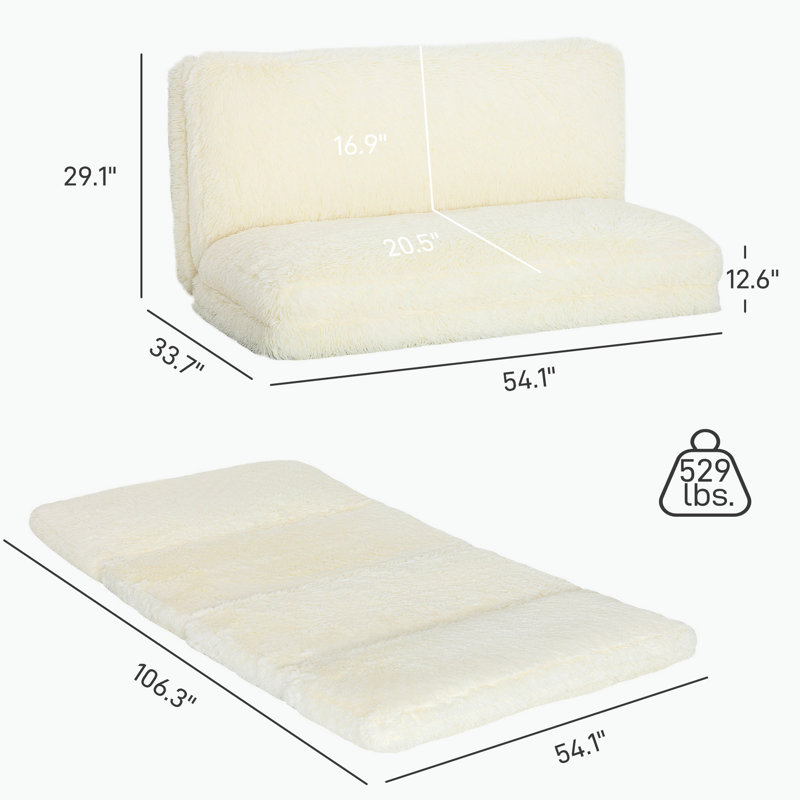 Canapé-lit en mousse avec rembourrage en mousse, lit de siège à billes blanc crème, tissu, conception contemporaine sans assemblage, matelas pliant large, confortable pour étudier