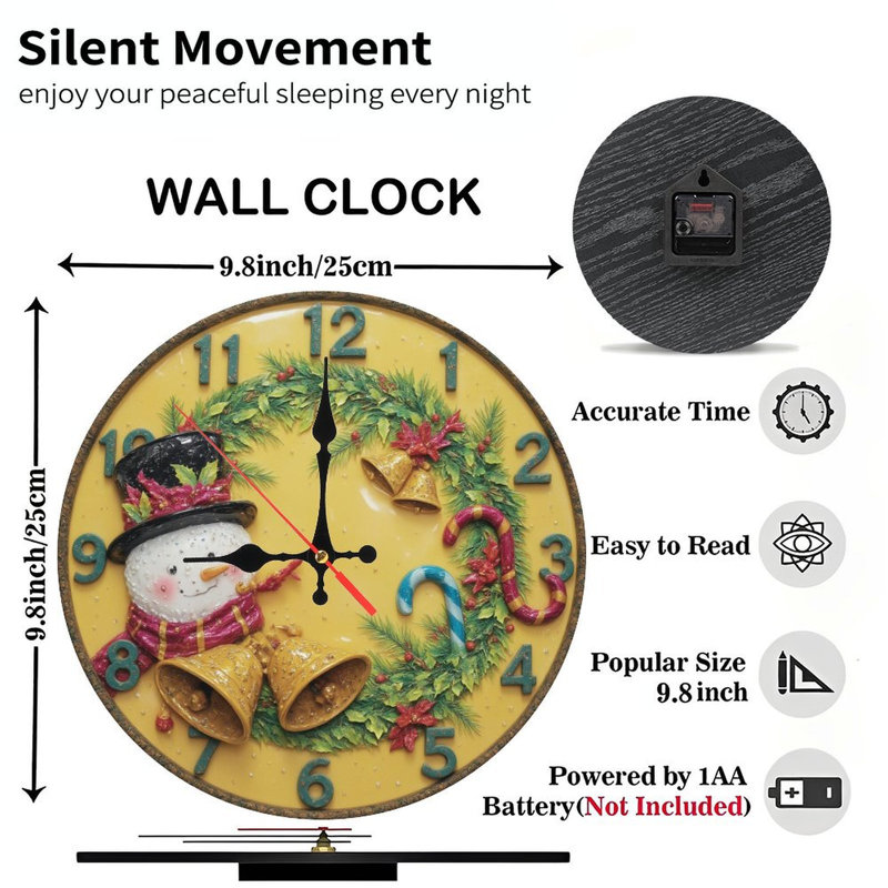 Horloge de Noël-Bonhomme de neige-Couronne-Cloches