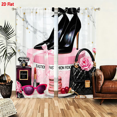 2 Piece Window Curtains Set Fashionable High Heel Shoe Makeup Print Drapes Decorative Bedroom Living Room Window Panels Elegant Trendy Aesthetic Home Decor Room Dividers Soft Fabric Window Coverings With Hanging Hooks