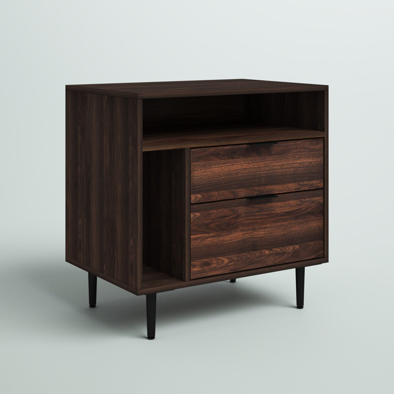 Table de chevet 2 tiroirs avec rangement pour magazines Aderita, Noyer foncé