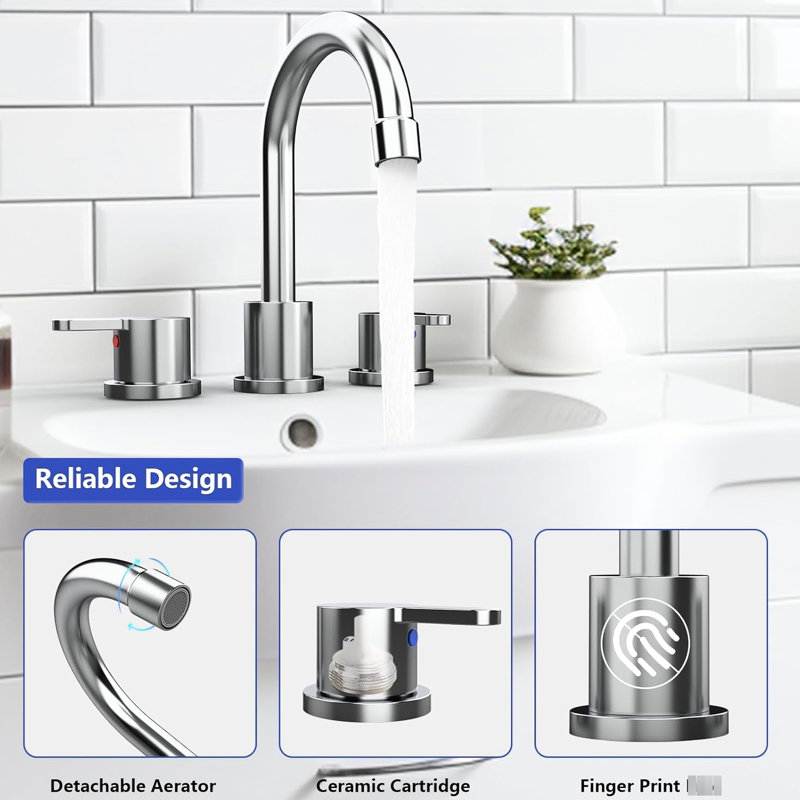 8 Inch 2 Handle Bathroom Sink Faucet With Lead - Water Way And Pop Up Drain For Washroom 360 Swivel Spout, Drain, Drip Performance Laundry Room