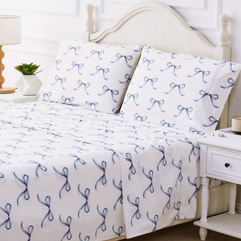 Bows Printed Cotton Percale Sheet Set, California King Sheet Set with 2 Pillowcases, Blue