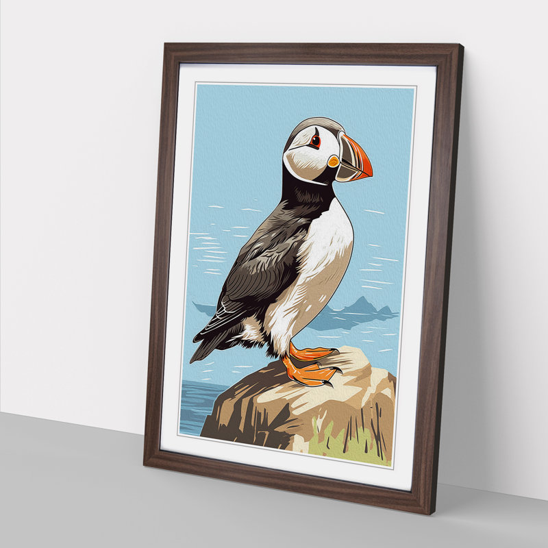Puffin Line - Single Picture Frame Print on Wood, 64cm H x 46cm W x 2cm D, Walnut