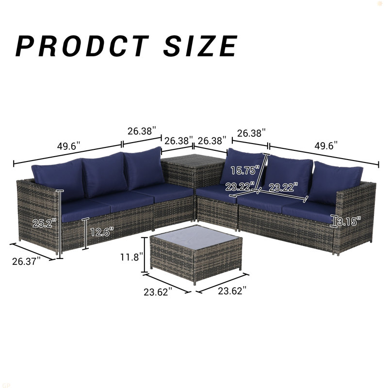 6 Pieces Patio Furniture Set,Outdoor Woven Sectional Patio Furniture ,Wicker Conversation Set With Corner Table&Glass Top Table For Backyard Poolside