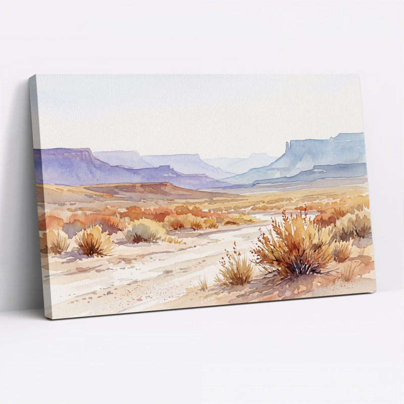 Paysage désertique à l'aquarelle avec mesas bleues, tableau sur toile, H 16 po x l 24 po