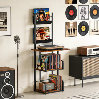 Grand support pour tourne-disque avec rangement pour disque vinyle et tablette de présentation