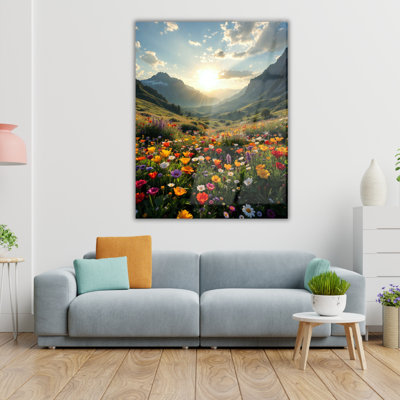 Tableau mural en verre trempé représentant une prairie de fleurs sauvages de montagne colorée