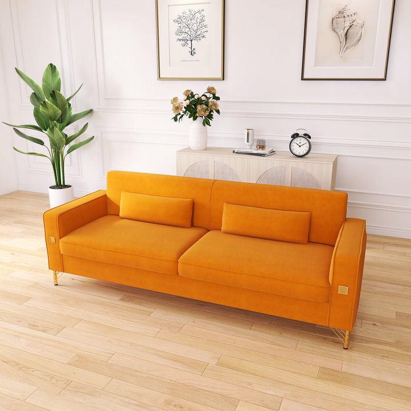 Canapé 85,63 po style Mid-Century moderne avec coussins moelleux et pieds en métal, Orange