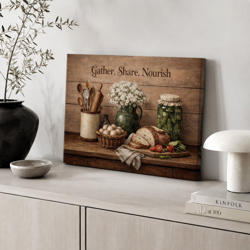 «Gather Part Nourish Rustic Kitchen Still Life», photos de salle à manger, impression sur toile encadrée, Toile tendue