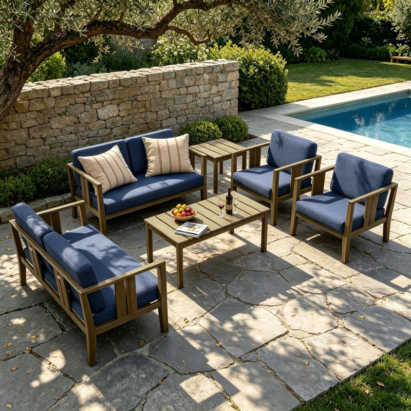 Ensemble de patio extérieur en teck Junco pour six personnes avec coussins et deux tables, Marine, Brun