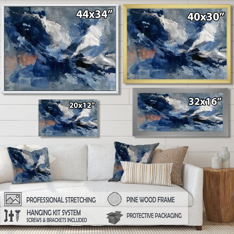 «Blue Sturdy Guardians Accents With White», reproduction d'art sur toile encadrée, art abstrait bleu, H 34 po x l 44 po