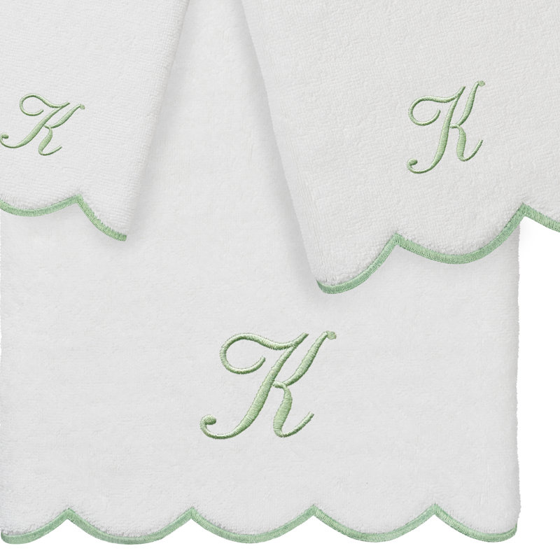  Ensemble de serviettes personnalisées 100% coton ADORNIA, K, Blanc/vert, Ensemble 3 serviettes de bain
