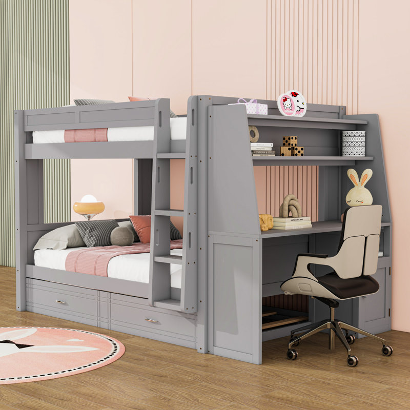 Lit superposé double en bois avec lit gigogne simple, bureau intégré, armoire et tablettes, gris