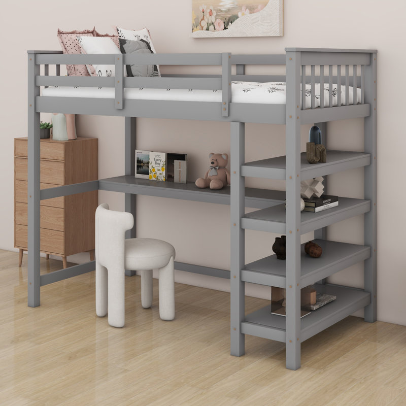 Lit mezzanine avec tablettes de rangement et bureau sous le lit, Gris