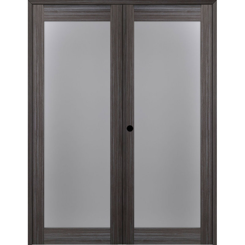 Gray Oak Wood Composite Double Prehung French Door with Frosted Glass