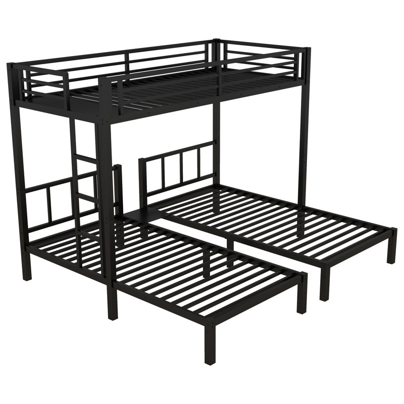Lit superposé triple robuste pour 3 personnes, simple au-dessus de simple sur simple avec garde-corps et échelle, lit superposé en métal, 3 adolescents et adultes, aucun sommier nécessaire, noir