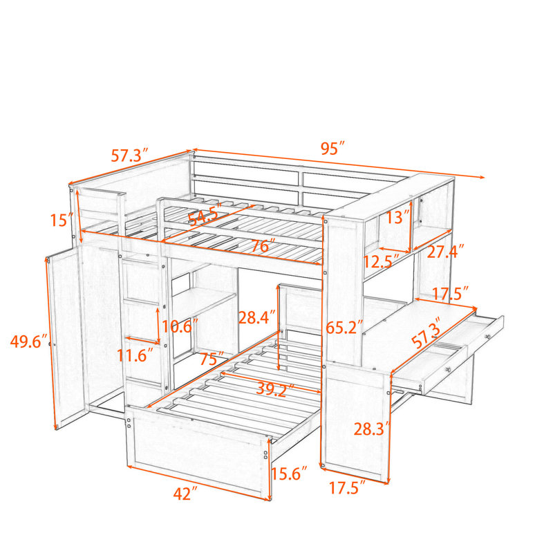 Asgun Wood Bunk Bed with Shelves,Desk and Drawer, White, Full Over Twin
