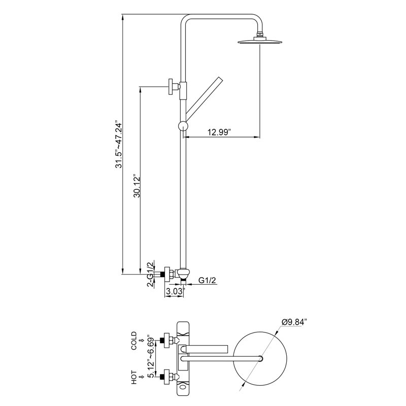 Système de douche thermostatique complet à double fonction tout-en-un avec valve brute de style moderne