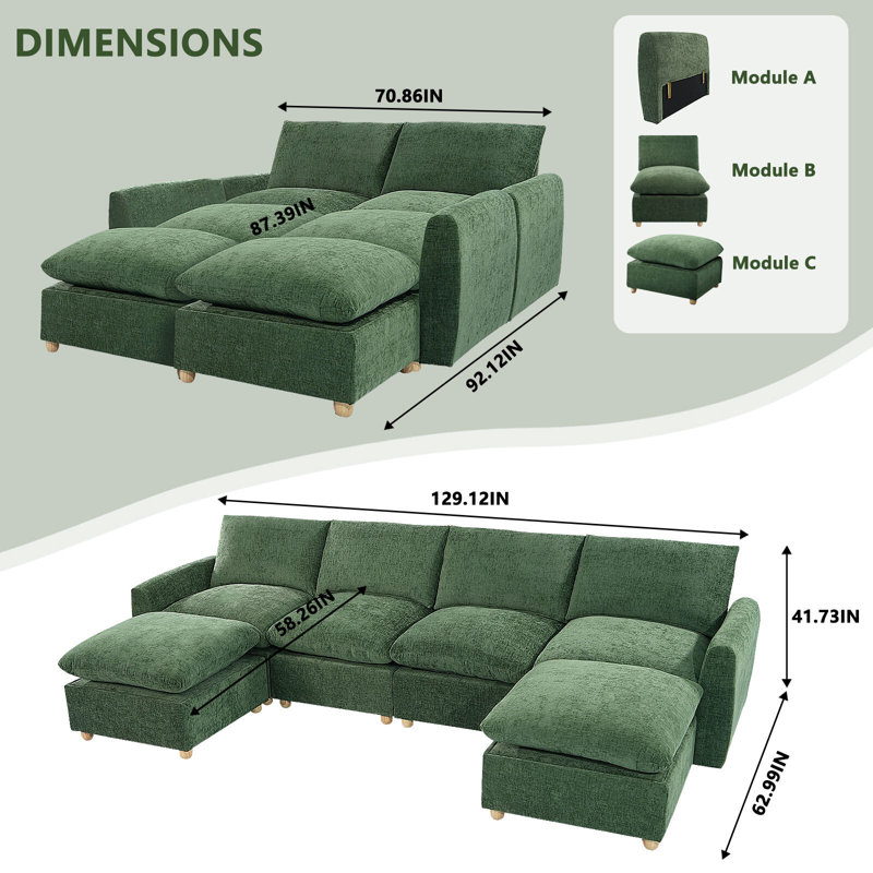 129.12" Chenille Upholstered Sofa, Green