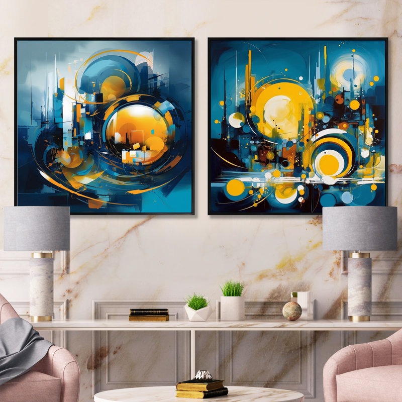Ensemble de 2 collages carrés en marbre bleu et jaune, Cadre flottant noir, H 16 po x l 33 po