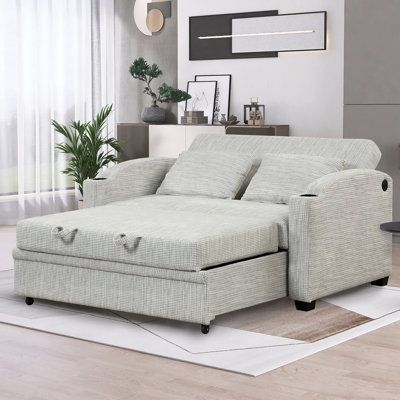 61.6" Pull Out Sofa Bed Modern Chenille Convertible Loveseat Sofa with Adjsutable Backrest, 2 Pillows, Cup Holders, USB Ports for Living Room, Apartment