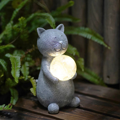 Cat Statue Garden Decor Solar Powered LED Lights - Cats Figurines with Gazing Solar Ball Decorations for Patio Lawn Yard Decor - Gifts for Women/Mom Birthday Grey