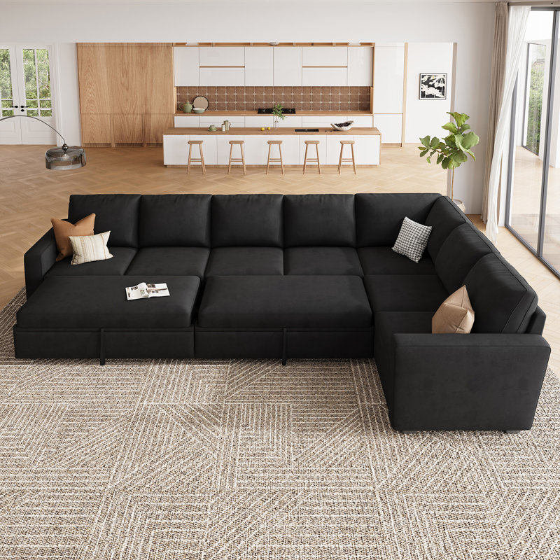Caren L-shaped Sleeper Sectional Modular Sofa Bed With Storage Seat, Black Velvet