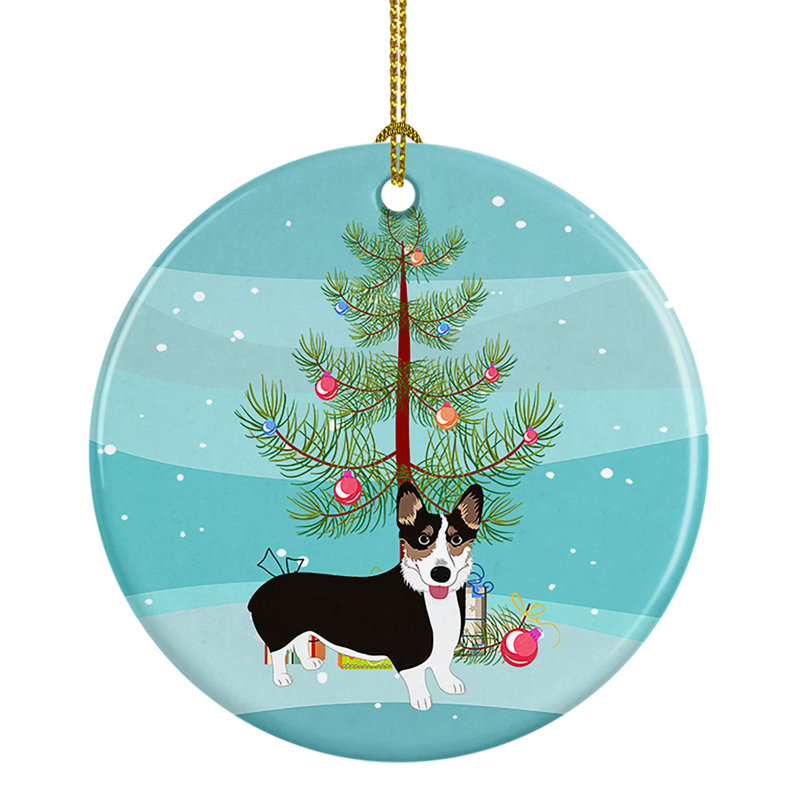 Ornement de Noël en céramique Pembroke Welsh Corgi, Pembroke Welsh Corgi tricolore à tête noire # 2
