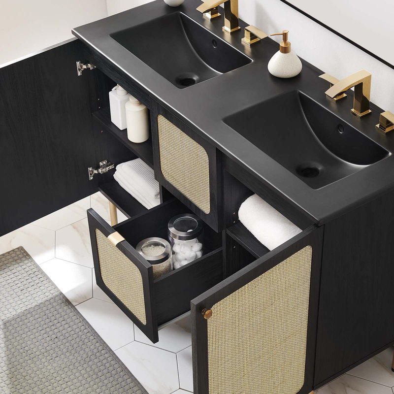 Meuble-lavabo double 48 po avec plateau en bois Modway, Noir / or, Noir
