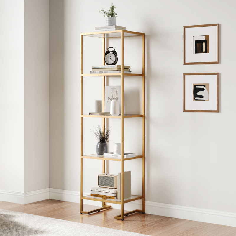 5-tier Glass Bookshelf, Tempered Glass Display Shelf, Modern Open Shelf Bookshelf, Slim Shelving Unit Bookcase For Living Room, Home Office, Bedroom, Golden