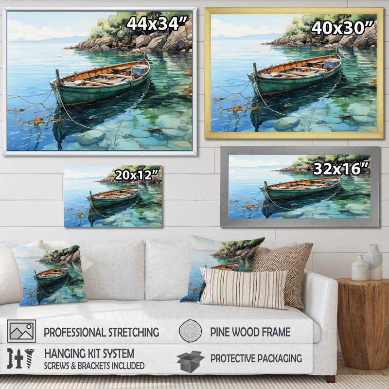 Bateau ancré IV sur toile, Cadre flottant noir, H 34 po x l 44 po x P 1,5 po