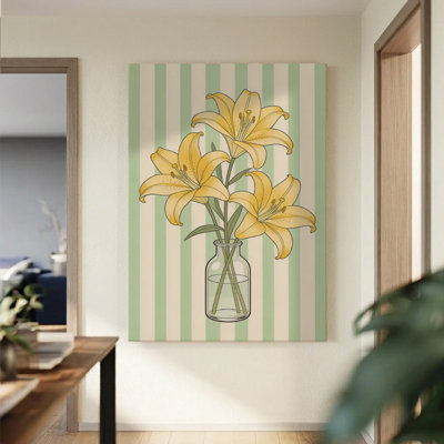 Yellow Lilies in a Vase Digital Illustration Canvas Wall Art, 24" x 36" Gallery Wrapped Canvas Print, Yellow & Green Striped Still Wall Decor for Dining Room, Living Room & Entryway
